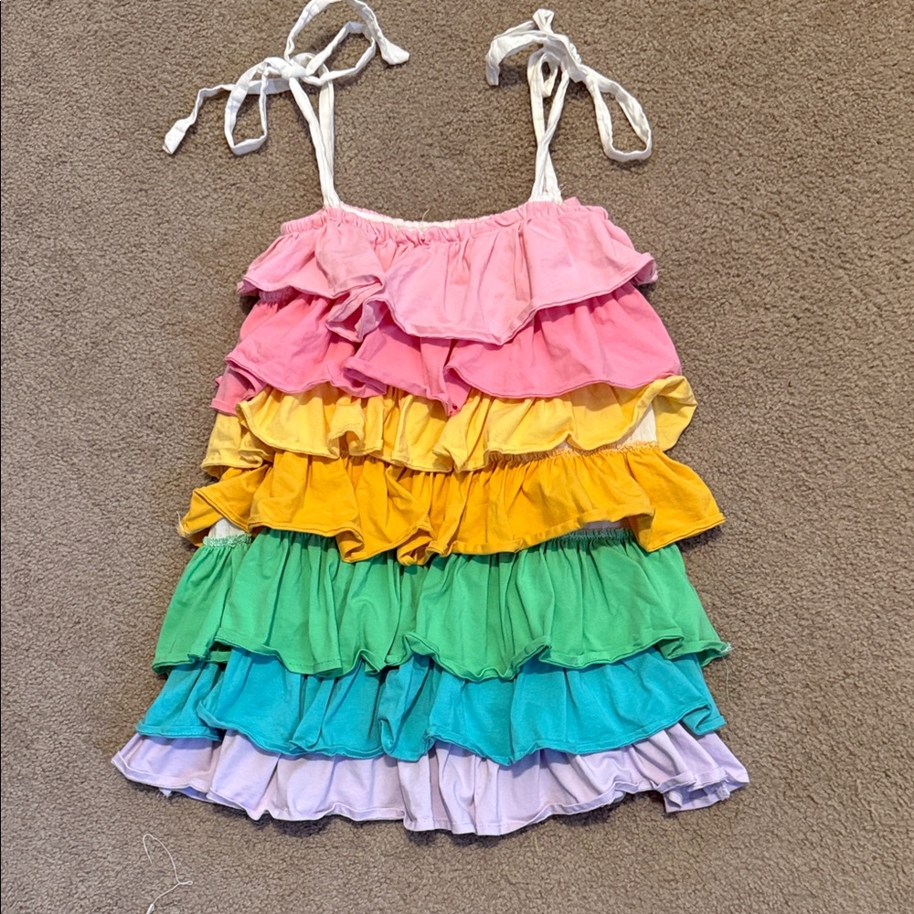 Lola + The Boys Rainbow Ruffle Tank Dress - Pink Yellow Green Blue Purple